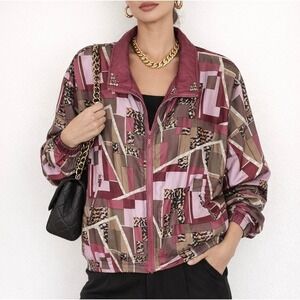 Vintage Womens Windbreaker Large Purple Cervelle 100% Silk Track Jacket Retro